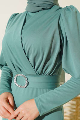 Kapalı Kruvaze Yaka Elbise Çağla Yeşili - Thumbnail