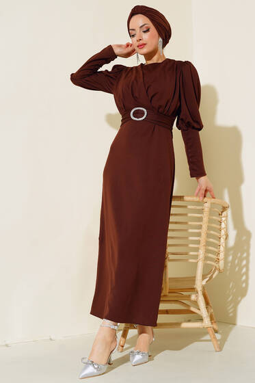 Kapalı Kruvaze Yakalı Elbise Kahve - Elbise