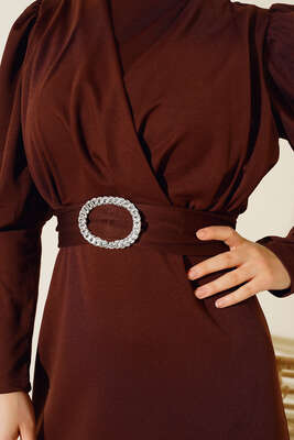 Kapalı Kruvaze Yakalı Elbise Kahve - Thumbnail