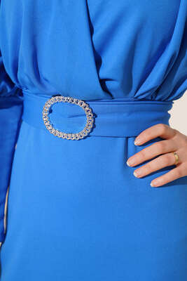 Kapalı Kruvaze Yakalı Elbise Mavi - Thumbnail
