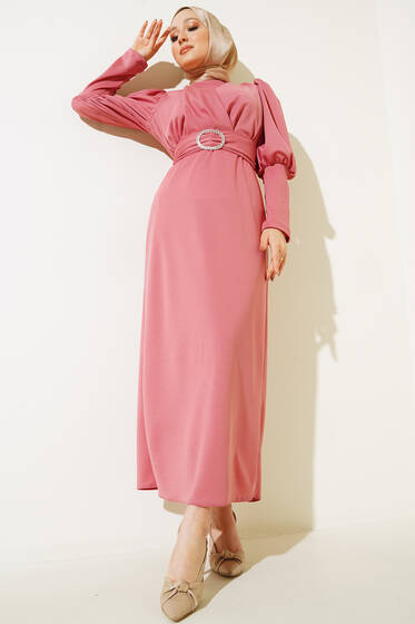 Kapalı Kruvaze Yakalı Elbise Pudra - Elbise