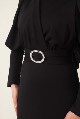 Kapalı Kruvaze Yakalı Elbise Siyah - Thumbnail