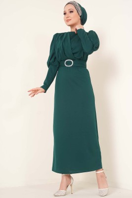 Kapalı Kruvaze Yakalı Elbise Zümrüt Yeşili - Thumbnail