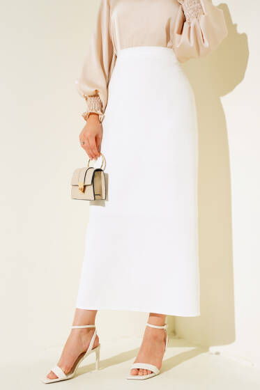 Kapalı Yırtmaçlı Kalem Etek Beyaz - Etek