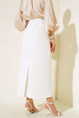 Kapalı Yırtmaçlı Kalem Etek Beyaz - Uzun Etek