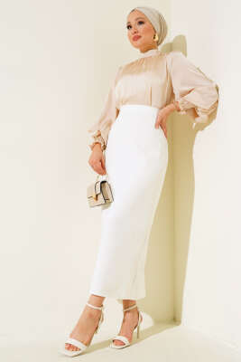 Kapalı Yırtmaçlı Kalem Etek Beyaz - Uzun Etek