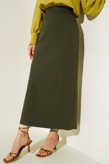 Kapalı Yırtmaçlı Kalem Etek Haki - Uzun Etek