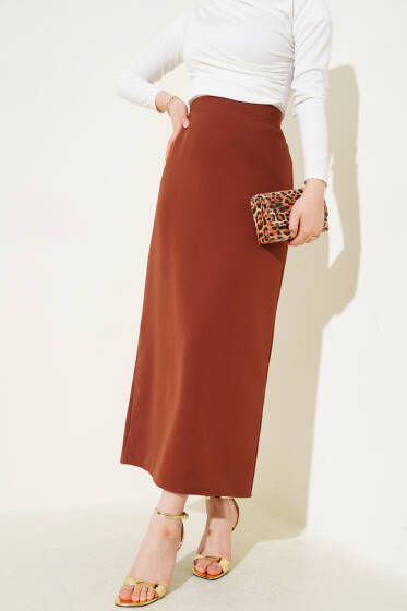 Kapalı Yırtmaçlı Kalem Etek Kahve - Etek