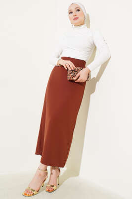 Kapalı Yırtmaçlı Kalem Etek Kahve - Uzun Etek