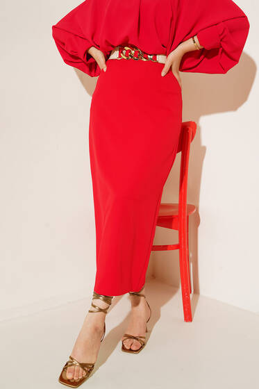 Kapalı Yırtmaçlı Kalem Etek Kırmızı - Uzun Etek