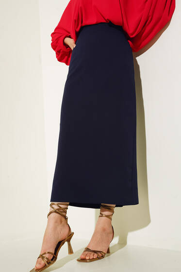 Kapalı Yırtmaçlı Kalem Etek Lacivert - Uzun Etek