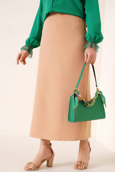 Kapalı Yırtmaçlı Kalem Etek Latte - Uzun Etek