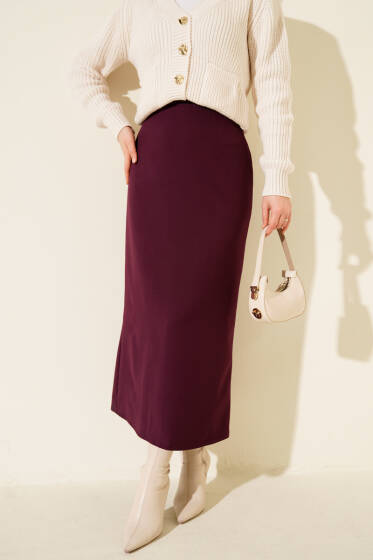 Kapalı Yırtmaçlı Kalem Etek Mor - Etek