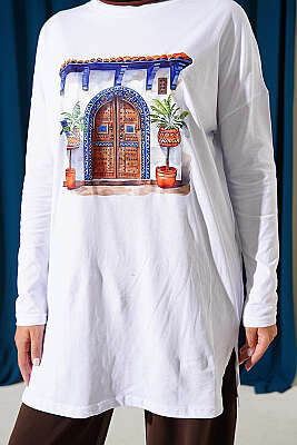 Kapı Baskılı Basic Tunik Beyaz - Tunik
