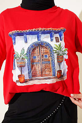 Kapı Baskılı Basic Tunik Kırmızı - Tunik