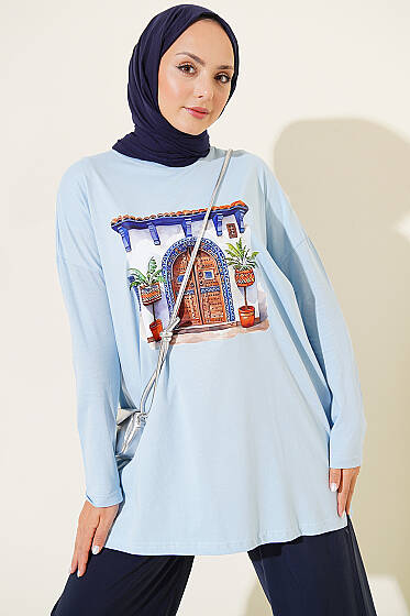 Kapı Baskılı Basic Tunik Mavi - Tunik