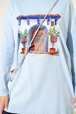 Kapı Baskılı Basic Tunik Mavi - Tunik