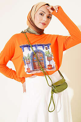 Kapı Baskılı Basic Tunik Oranj - SAS