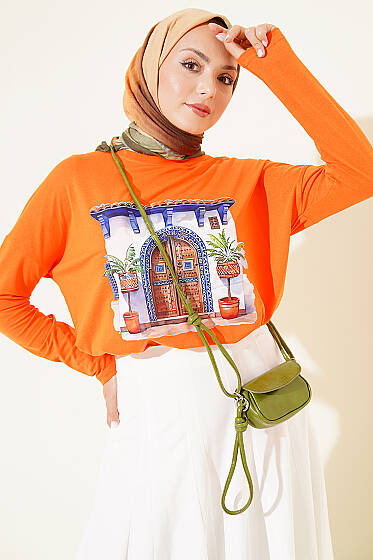 Kapı Baskılı Basic Tunik Oranj - Tunik