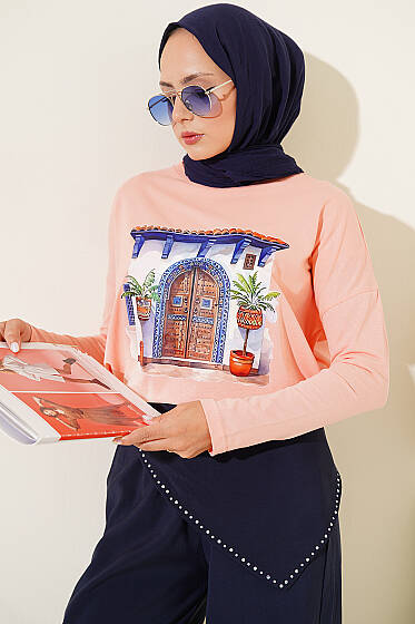 Kapı Baskılı Basic Tunik Pudra - Tunik