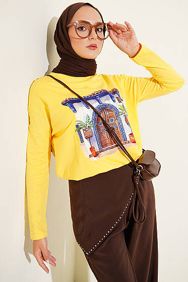 Kapı Baskılı Basic Tunik Sarı - Tunik
