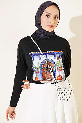 Kapı Baskılı Basic Tunik Siyah - SAS