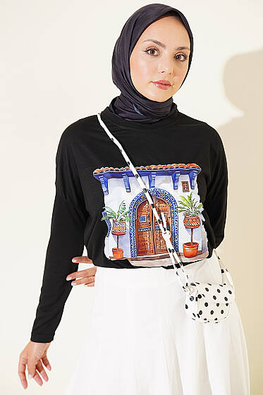 Kapı Baskılı Basic Tunik Siyah - Tunik