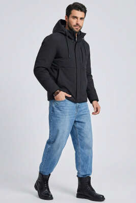 Kapitone Astarlı Kapüşonlu Mont Siyah - Erkek Mont