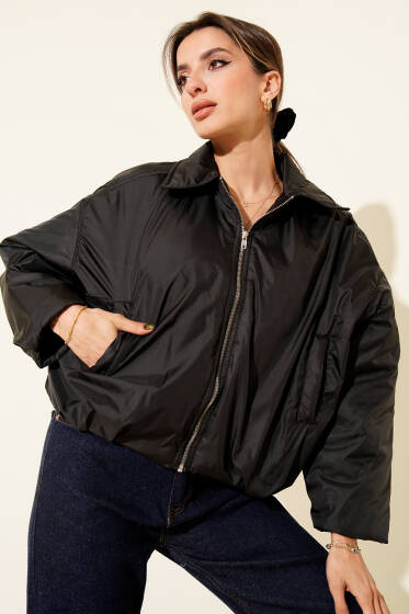 Kapitone Bomber Kısa Mont Siyah - Kadın Giyim Modelleri