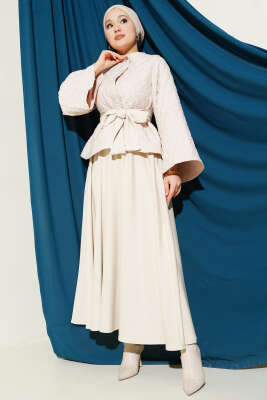 Kapitone Ceketli Etekli İkili Takım Bej - HEWES