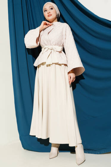 Kapitone Ceketli Etekli İkili Takım Bej - İkili Takım