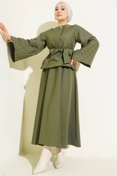 Kapitone Ceketli Etekli İkili Takım Haki - İkili Takım