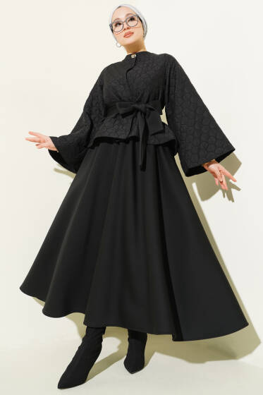 Kapitone Ceketli Etekli İkili Takım Siyah - İkili Takım