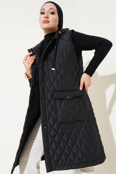 Kapitone Cepli Kapüşonlu Yelek Siyah - Yelek