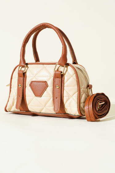 Kapitone Detay Fermuarlı Çanta Bej Kahve - Kol Çantası