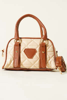 Kapitone Detay Fermuarlı Çanta Bej Kahve - Kol Çantası