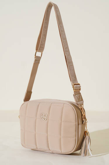 Kapitone Fermuarlı Çapraz Çanta Bej - Kol Çantası