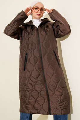 Kapitone Fermuarlı Kapüşonlu Mont Acı Kahve - Mont