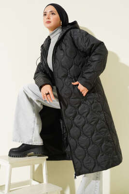 Kapitone Fermuarlı Kapüşonlu Mont Siyah - BIGDART