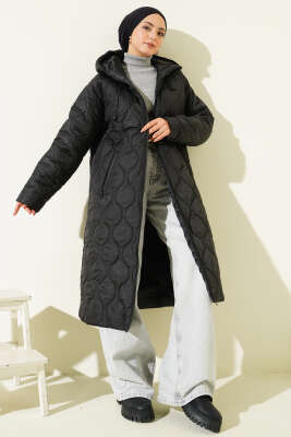 Kapitone Fermuarlı Kapüşonlu Mont Siyah - Mont