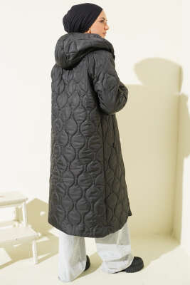 Kapitone Fermuarlı Kapüşonlu Mont Siyah - Mont