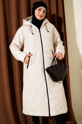 Kapitone Fermuarlı Kapüşonlu Mont Taş - Mont