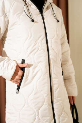 Kapitone Fermuarlı Kapüşonlu Mont Taş - Mont