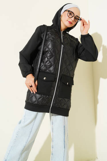 Kapitone Garnili Scuba Kap Siyah - Dış Giyim&Mont