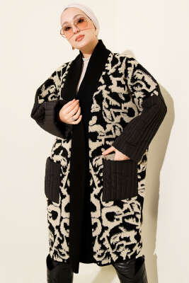 Kapitone Granili Cepli Triko Hırka Siyah - Hırka