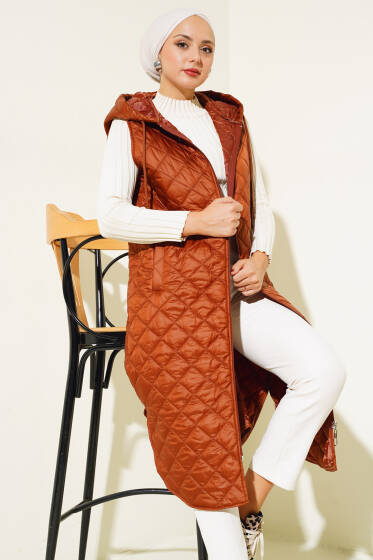 Kapitone Kapüşonlu Uzun Yelek Kahve - Yelek