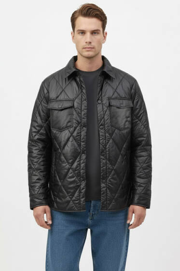 Kapitone Parlak Erkek Mont Siyah - Erkek Mont