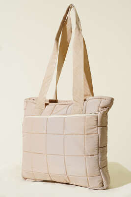 Kapitone Puffer Tote Çanta Bej - Kol Çantası