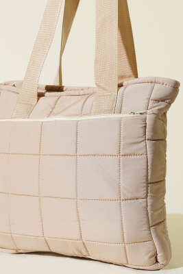Kapitone Puffer Tote Çanta Bej - Kol Çantası