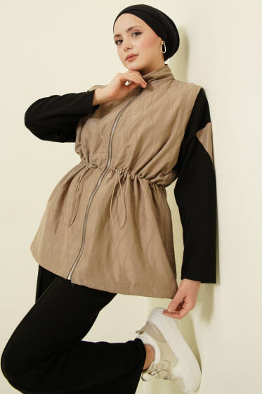 Kapitone Yelekli Fermuarlı Üçlü Takım Bej - İkili Takım